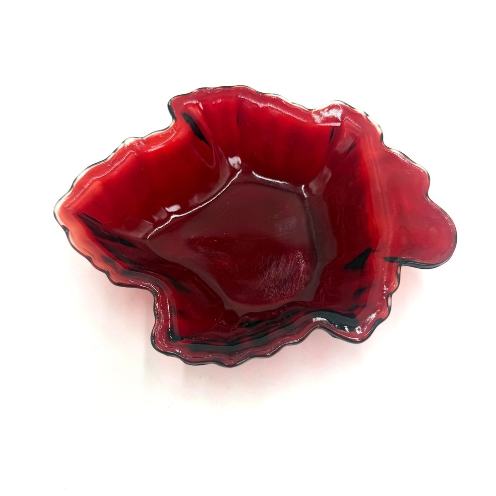Art Glass Leaf Bowl 6.5in Ruby Red Black Slag Vintage MCM